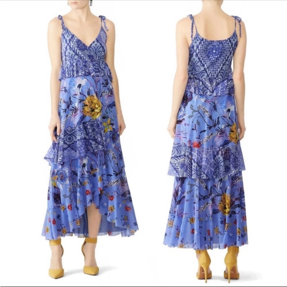 Fuzzi Floral Patchwork Printed Asymmetric Ruffle V-Neck Sleeveless Wrap Dress M